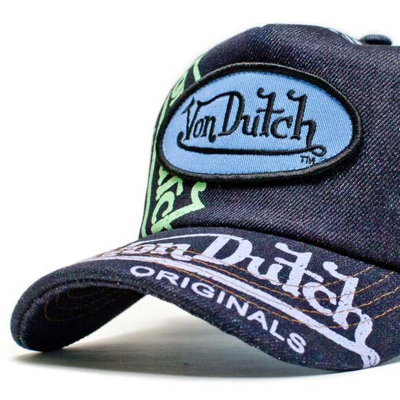Von Dutch Women\'s Denim Logo Trucker Cap in Navy and Light Blue main image 4